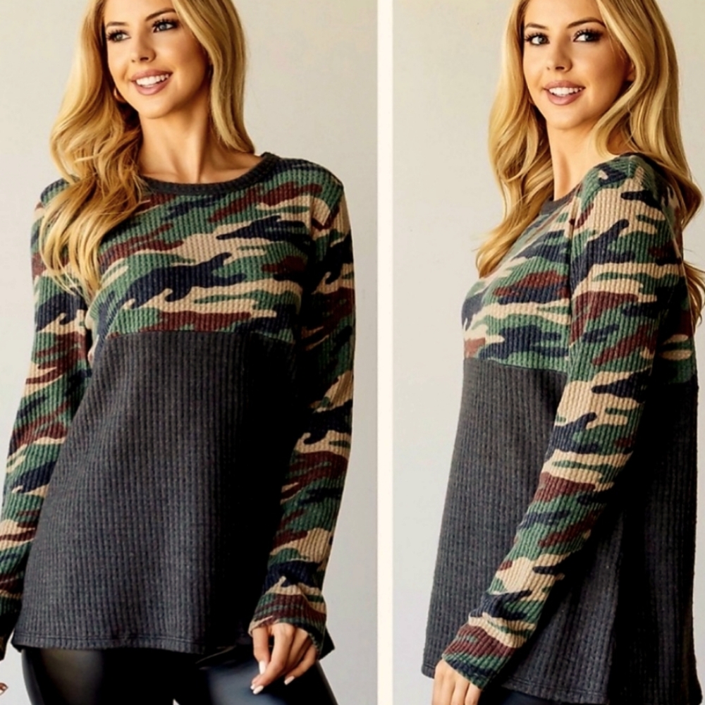 Plus size waffle  camo top
